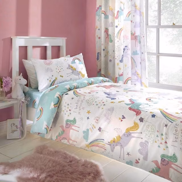 Bedlam J Rosenthal & Son Unicorn Reversible Duvet Cover Set with 2 Pillowcases, White and Multicolour, 200 x 200 cm