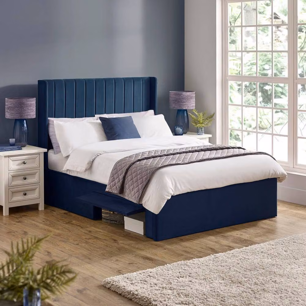 Cheshire Coral Royal Blue Velvet Upholstered Double Bed with Dual Storage Doors, W: 135 cm – 3