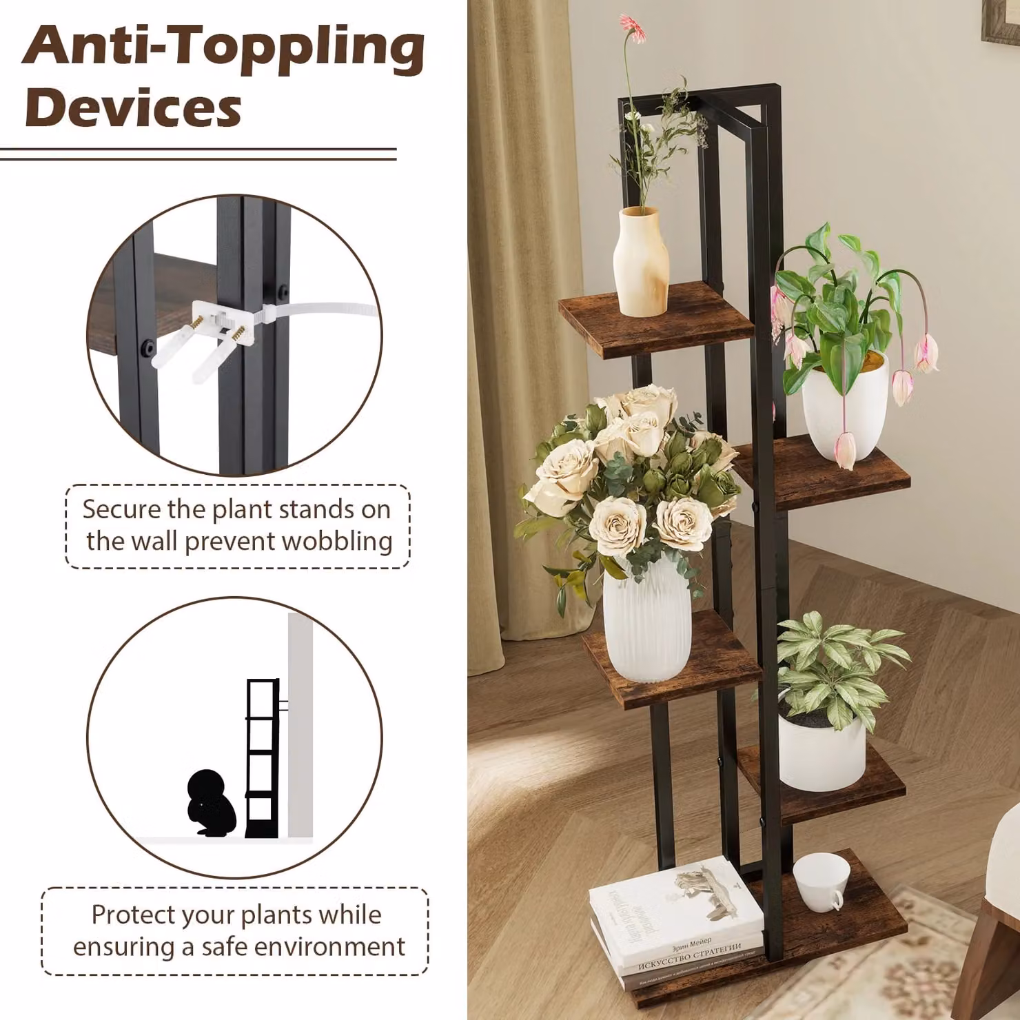 Gymax 3 Pack Corner Plant Stand Set in Brown, Featuring 4, 5 and 6-Tier Metal and Wood Racks – 4