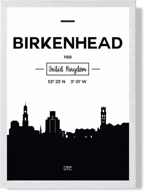 ARTZE Birkenhead Black and White City Skyline Framed Print, White Frame, Size: A2 (42.0 x 59.4 cm)