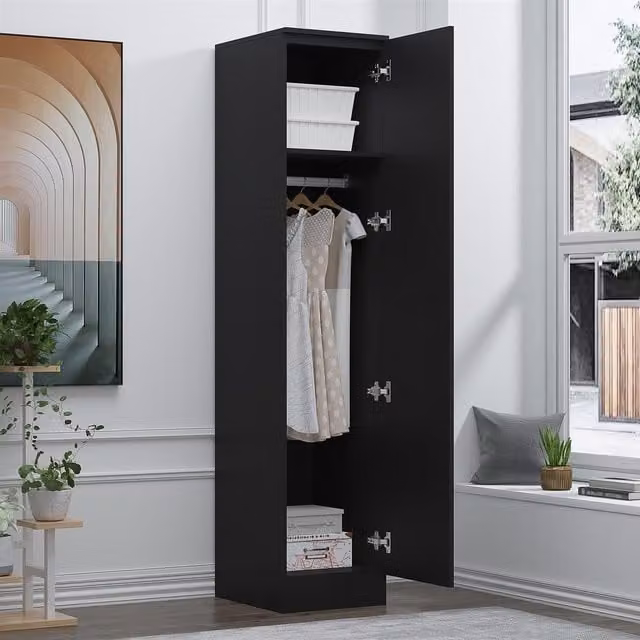 REFLECT 1 Door Wardrobe in Black High Gloss and Black Oak Matt Finish