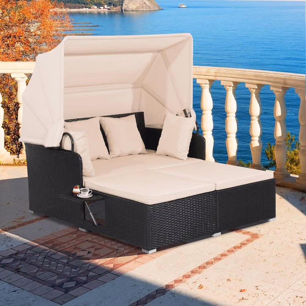 Costway Multicolour PE Rattan Wicker Patio Daybed with Retractable Canopy and Side Table – 8