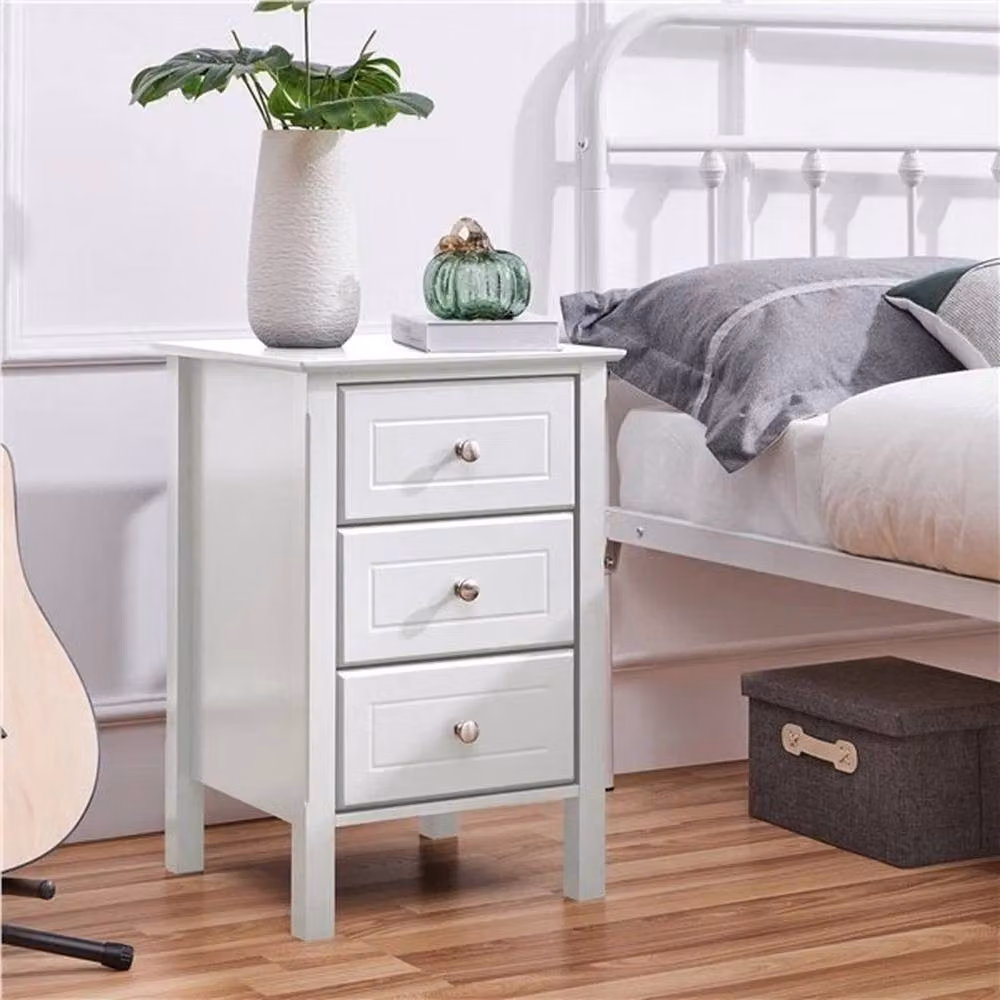 KORVIXA Set of 2 White Bedside Tables with 3 Drawers and Pine Wood Legs – 2