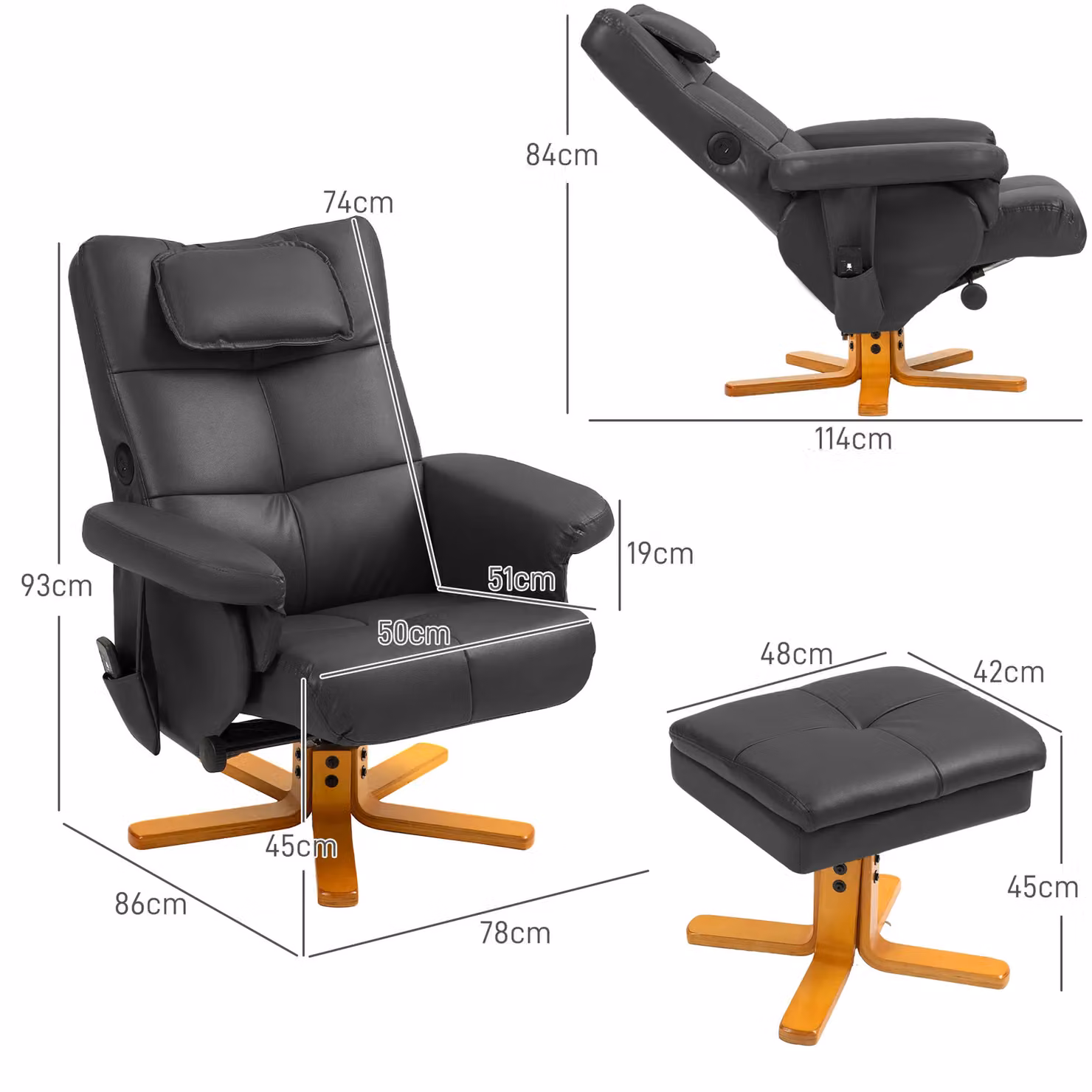 HOMCOM Massage Recliner Chair with Ottoman and Hidden Storage in Black Synthetic Leather – 3