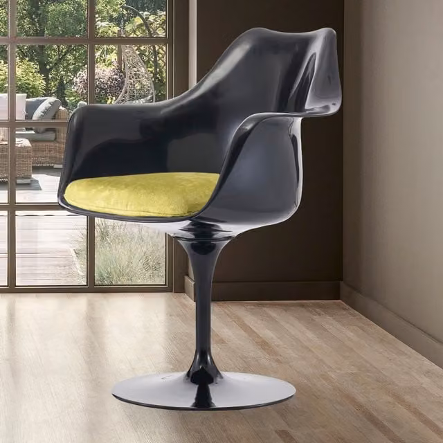 Fusion Living Modern Black Tulip Armchair with Luxurious Cushion in Green and Black