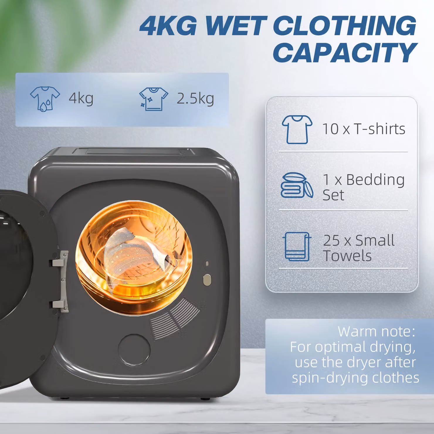 HOMCOM 2.5 kg 800W Vented Front Loader Tumble Dryer with Deodorise and Smart Mode, Grey – 5