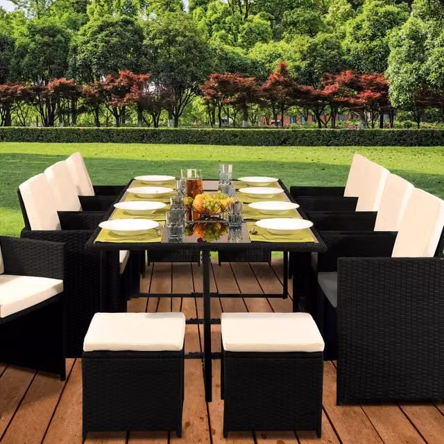 Comfy Living 13 Piece Black Cube Rattan Garden Furniture Set with Cover