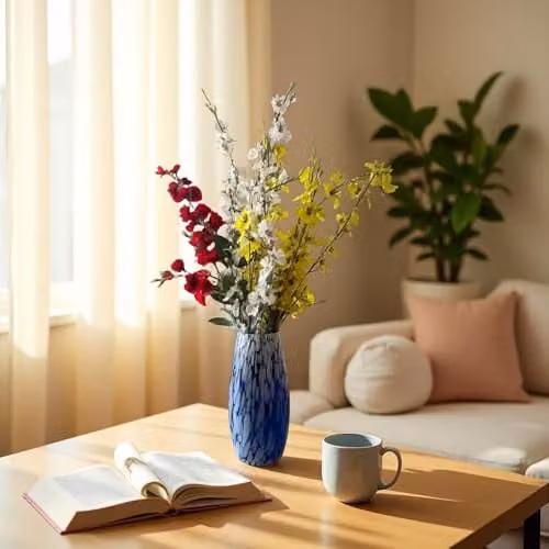 Simpa Modern Abstract Molten Glass Round Tabletop Flower Vase in Blue and White, H: 25 cm, W: 12 cm, D: 12 cm – 2