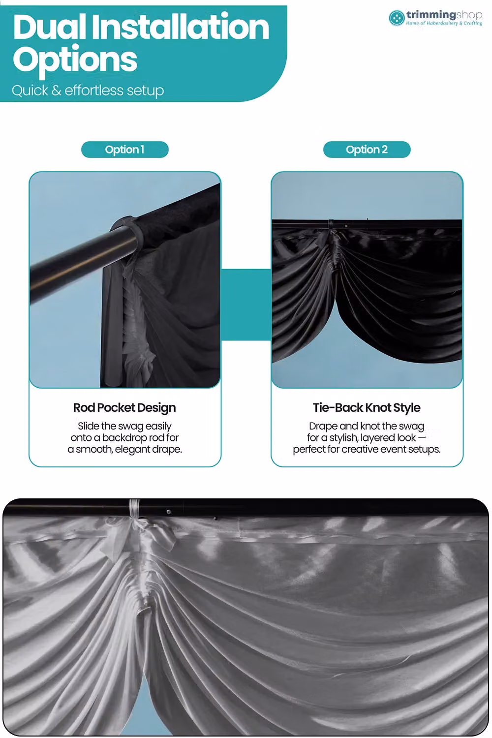 Neel Blue Ice Silk Detachable Swag Curtain Panel in Black, 2 Metres