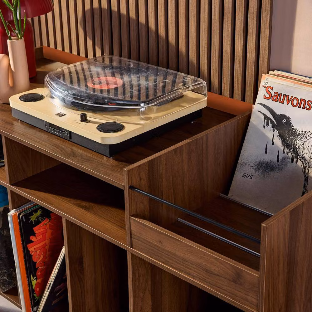 sweeek Vintage XL Bicolor Vinyl Media Unit with Wood Decor in Orange, Blue and Brown, W/D/H: 130 x 50 x 80 cm – 3