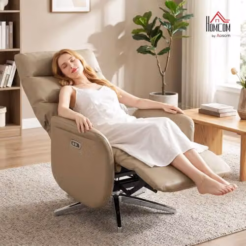 HOMCOM Brown Synthetic Leather Electric Swivel Recliner Armchair with USB Ports – 2