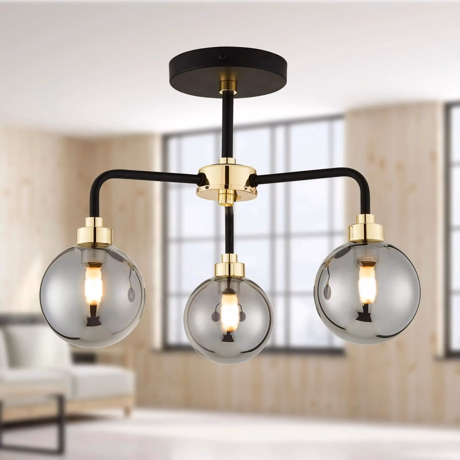 First Choice Lighting Set of 2 Black Modern Dimmable LED Pendant Lights with Smoked Glass Spheres – 2