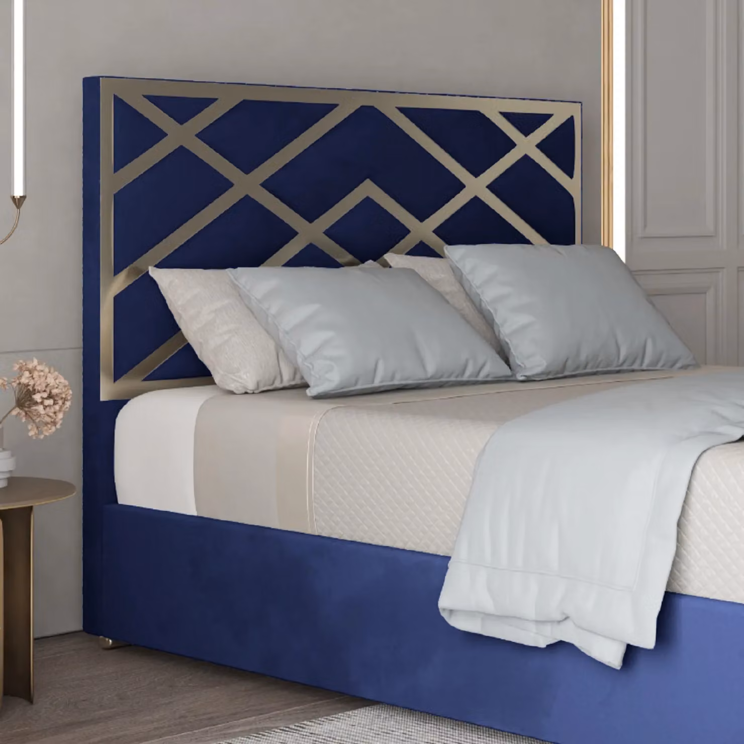 KDMD George Blue Velvet and Metal Designer Double Bed Frame – 3