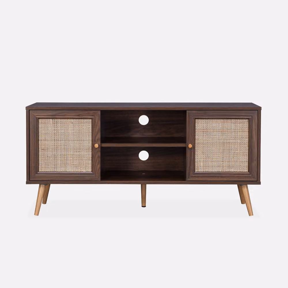 Sweekeet Boho Style Wooden TV Unit with Cane Effect and 2 Doors in Dark Brown, Width: 120 cm – 2