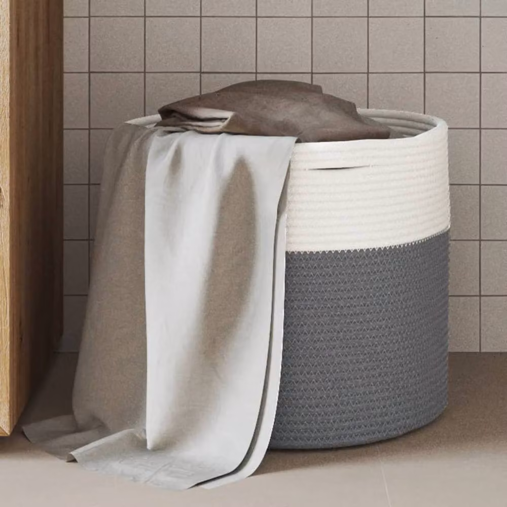 Berkfield Grey and White Cotton Open Weave Storage Basket with Handles, W: 40 cm, D: 35 cm, H: 35 cm – 2