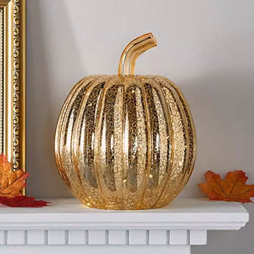 Lights4fun Gold Mottled Glass Pumpkin Battery Operated LED Autumn and Halloween Tabletop Decoration, Height: 21 cm – 3