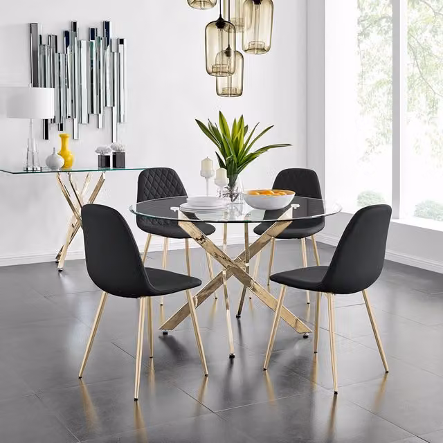 FurnitureboxUK Novara Gold Round Glass Dining Table and 4 Corona Gold Faux Leather Chairs Set in Black and Gold