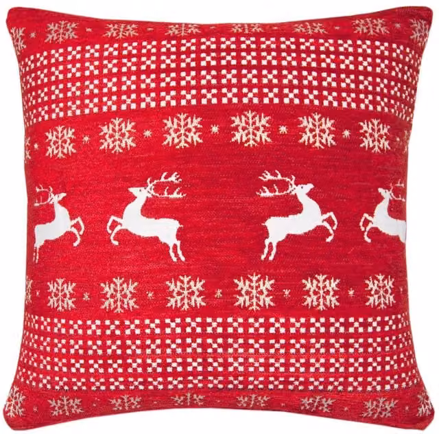 Velosso Red Dancing Stags Festive Design Filled Cushion with Removable Chenille Cover, W x D: 56 x 56 cm