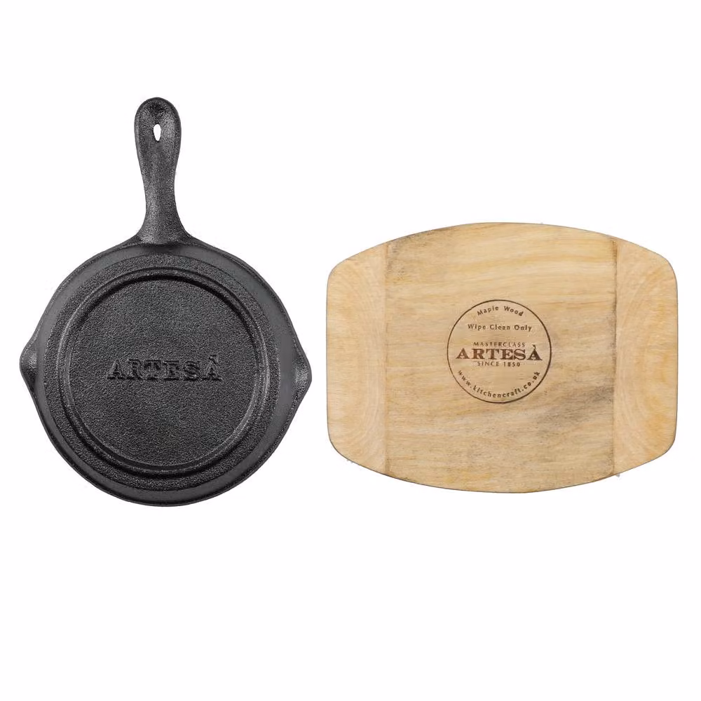 Artesa Set of 2 Black Cast Iron Round Small 11cm Fry Pans with Board – 4