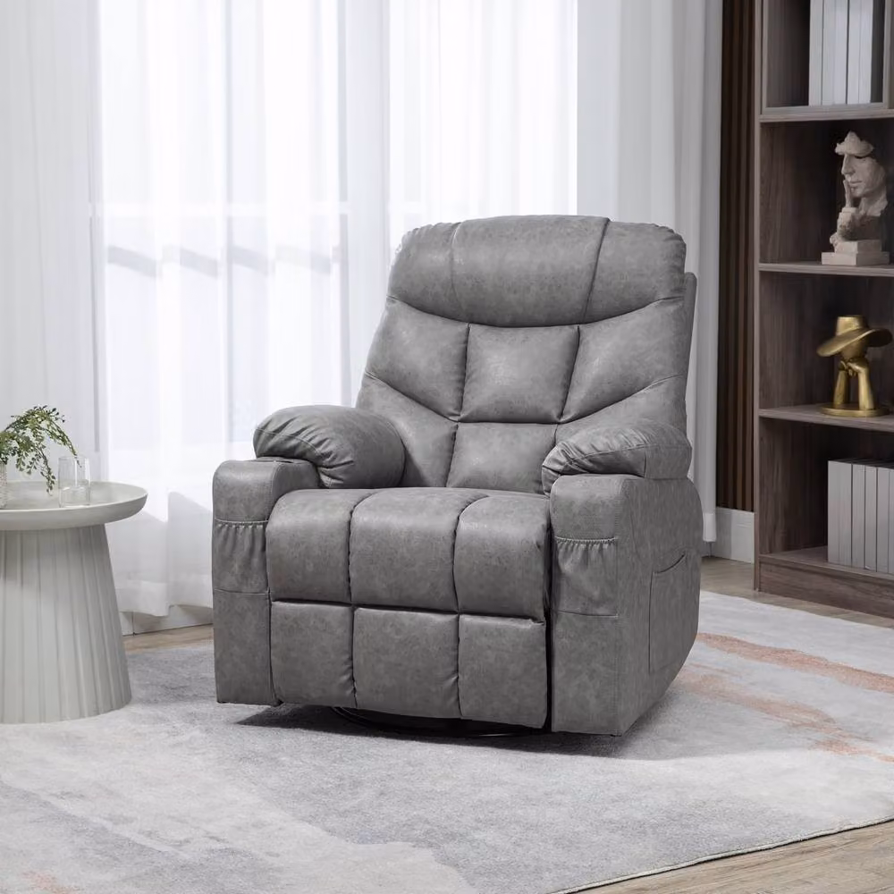 STILVORA Grey Synthetic Leather Recliner Armchair with Swivel and Manual Lever Function – 2