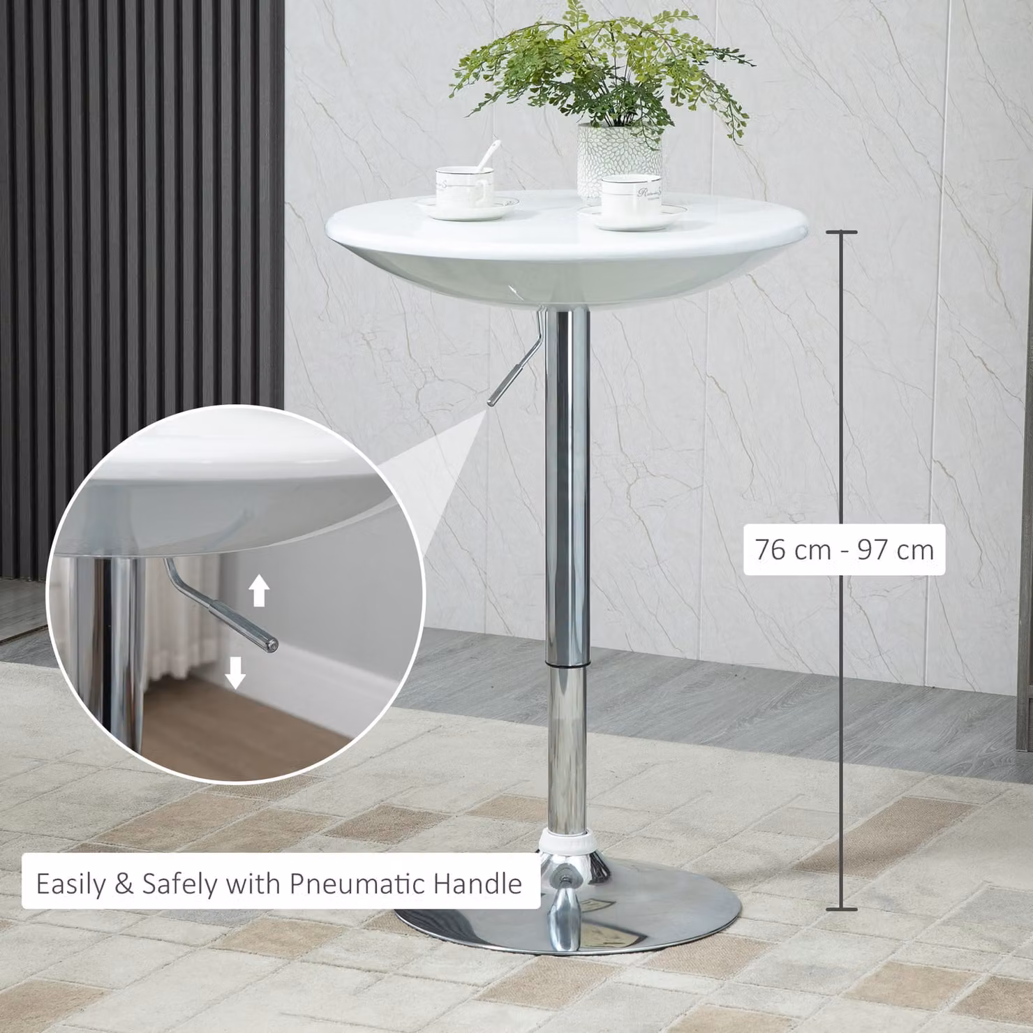 HOMCOM Modern Round Bar Table with Adjustable Height and Swivel Painted Top in White and Silver – 4