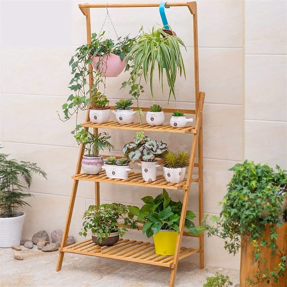 Kelvenix 3 Tier Folding Plant Stand Ladder Shelf in Brown – 3