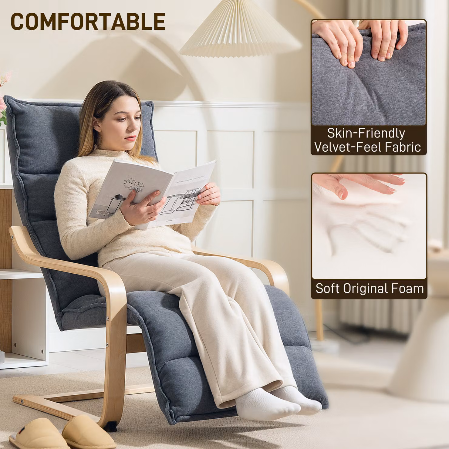 HOMCOM Curved Wooden Accent Chair with Adjustable Footrest in Dark Grey Velvet Fabric – 3