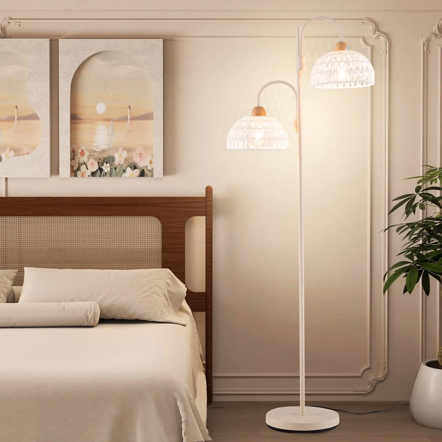 Gymax 2-Light Tree Floor Lamp with Rotating Woven Fabric Lampshades and Foot Switch in White – 2