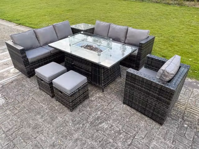 Fimous Dark Grey Rattan Garden Corner Furniture Set with Gas Fire Pit Table and Lounge Chairs
