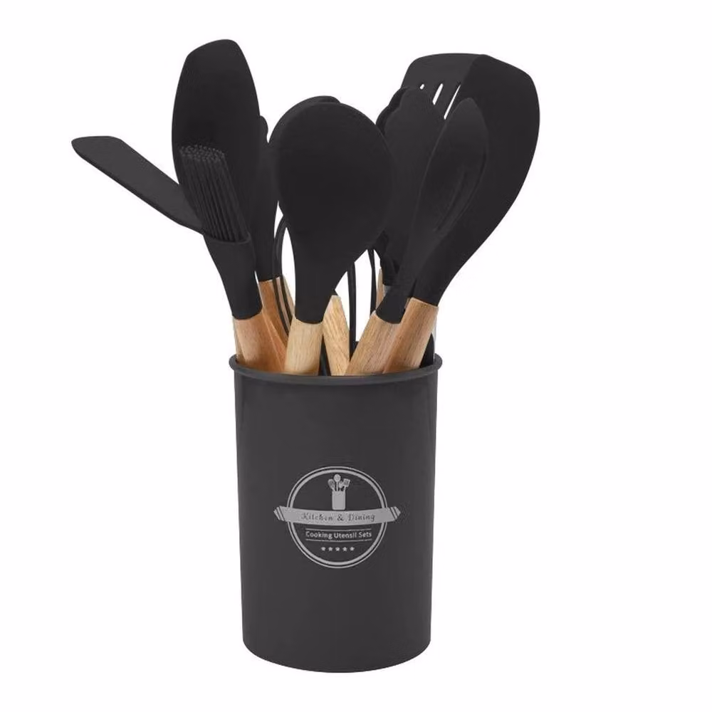 Pawnora 12 Piece Black Silicone Kitchen Utensil Set with Wooden Handles – 2