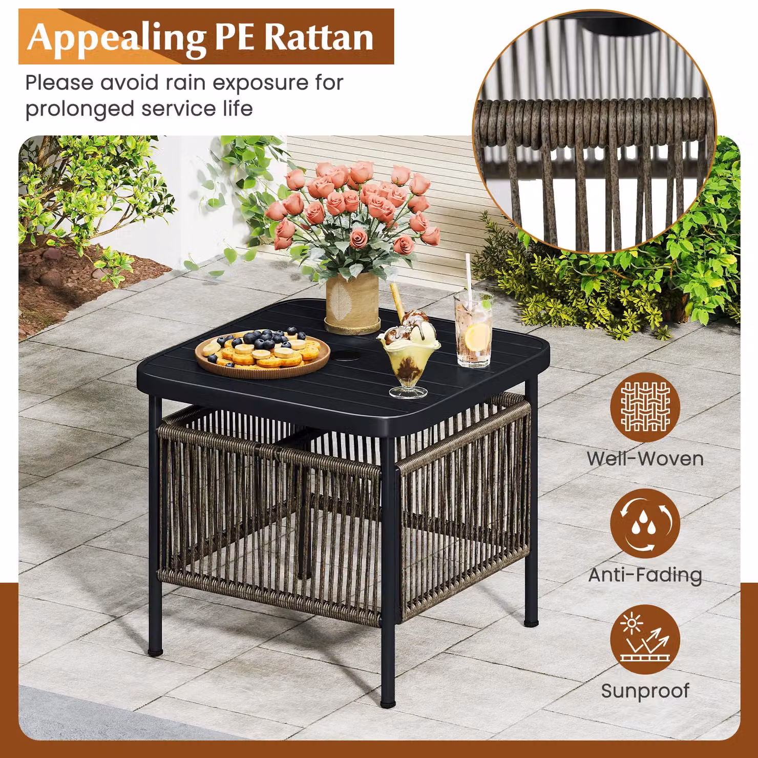 Gymax Outdoor Square PE Rattan Side Table in Dark Grey with 5cm Umbrella Hole – 4