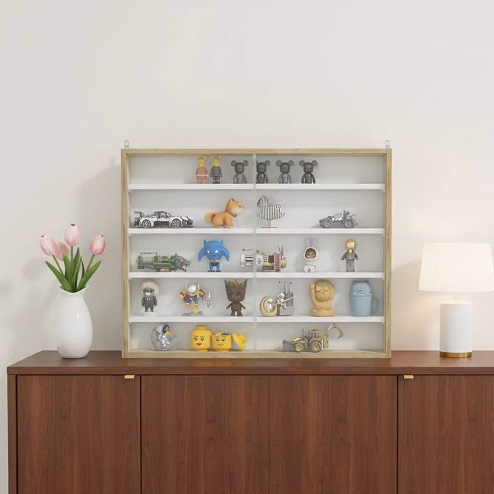 FLAVORA 5 Tier Wooden Collectibles Display Shelf with Glass Doors in Beige, W/D/H: 60 x 60 x 9.5 cm – 2