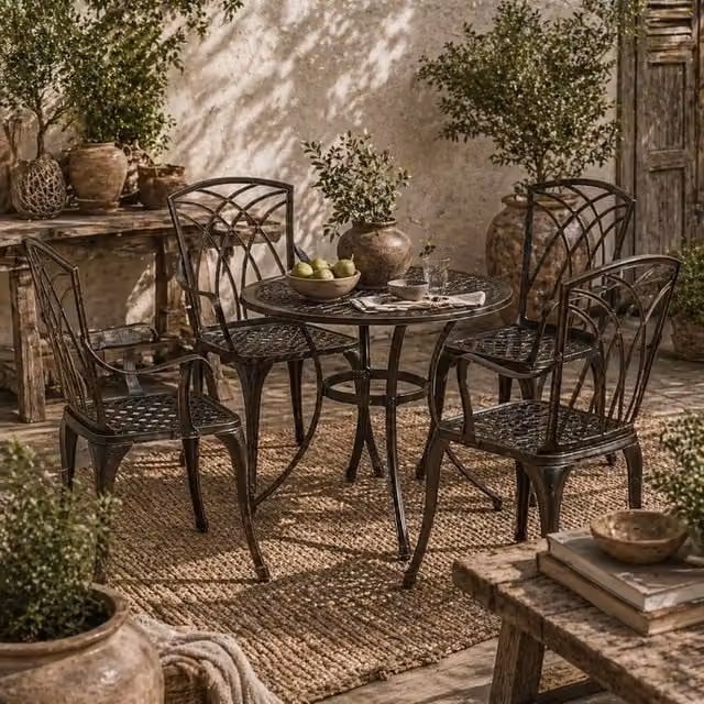 Wyld Haus Sake 4 Seater Bronze Cast Aluminium Garden Dining Set with Round Table