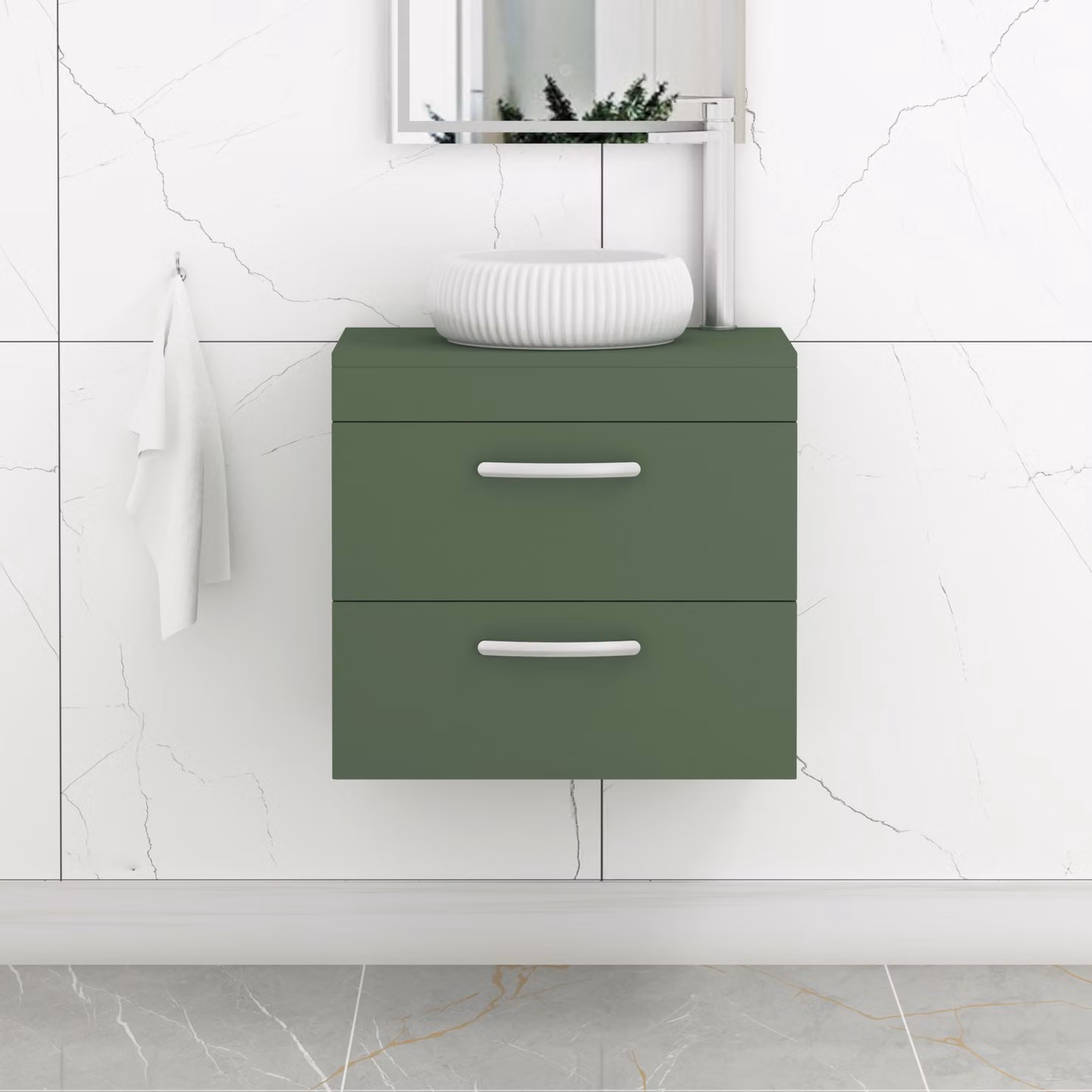 Royal Bathrooms Milan Turin 600mm Wall Hung Vanity Unit with 2 Drawers and Countertop Basin in Matt Green