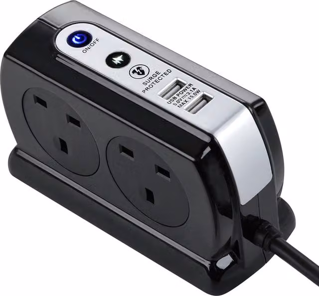 Masterplug 4 Socket Surge Protected Compact Extension Lead with USB, Black