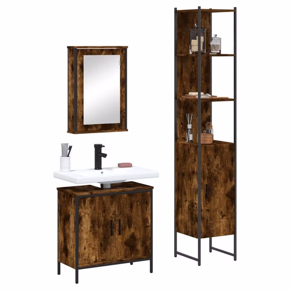 Berkfield Home 3 Piece Industrial Bathroom Furniture Set in Brown Smoked Oak – 2