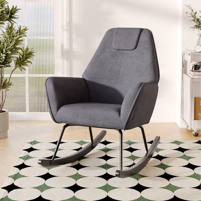 Sheonly Modern Velvet Upholstered Nursery Rocking Chair with Armrests in Grey