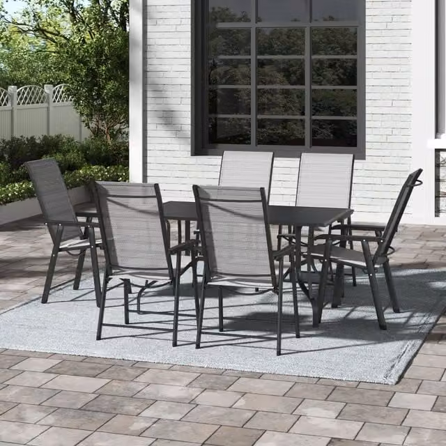 Breeins Modern Matt Black Metal Slatted Garden Dining Set with Rectangular Table and 6 Chairs