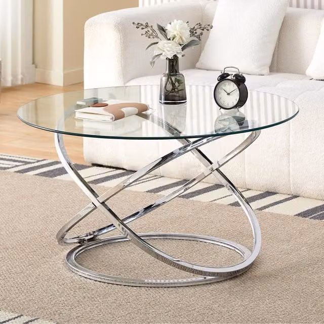Comfy Living Modern Round Glass Top Coffee Table with X-Frame in Silver