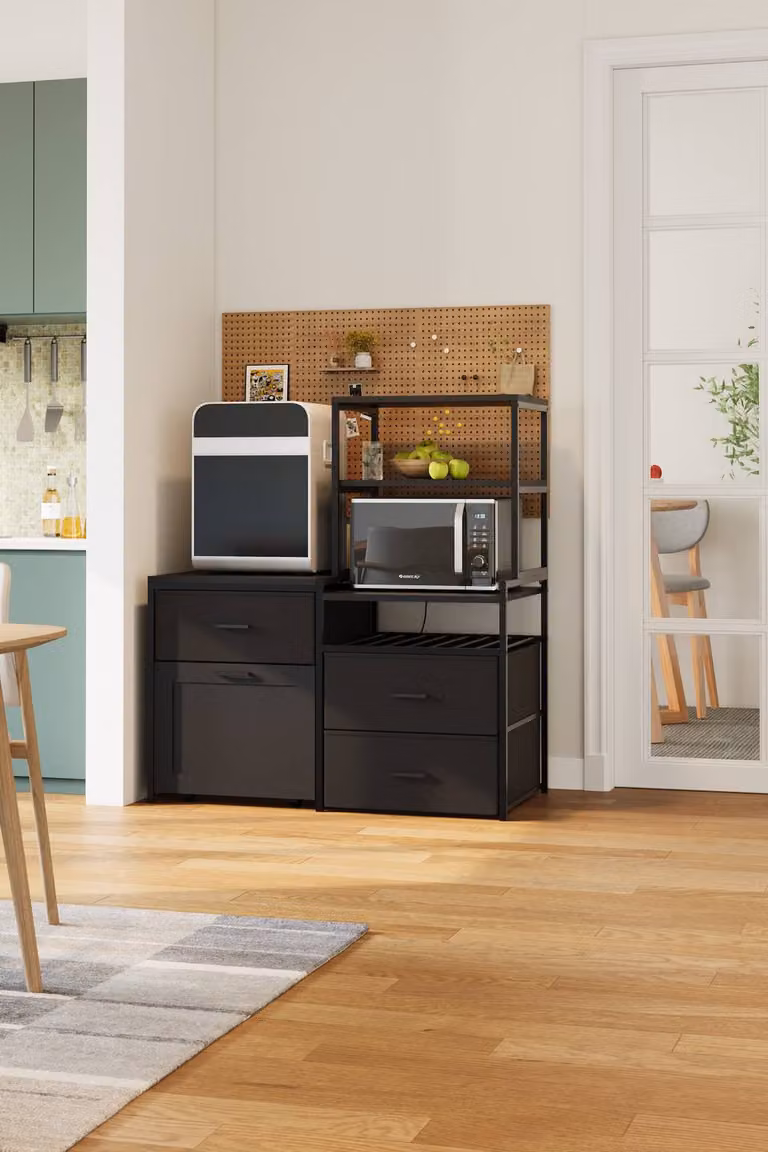Living and Home Black Mini Fridge Stand with Wine Rack and Power Socket