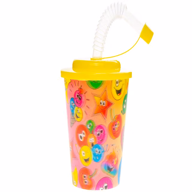 LG-Imports Pack of 12 Emotion Faces 3D Plastic Mugs with Straw and Lid, White and Multicolour, 250 ml