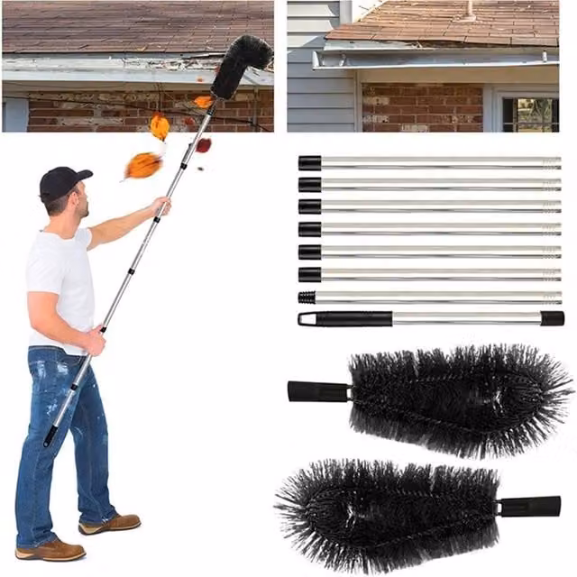 Kelvenix Black Flexible Gutter Cleaning Brush Head with Steel Telescopic Handle – 1