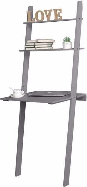 EONLION Modern Wooden Ladder Computer Desk with 2 Shelves in White or Grey, W/D/H: 156 x 48 x 60 cm