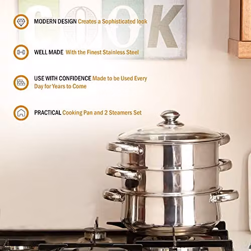 Orsina Stainless Steel 3-Tier Steamer Pot with Glass Lid, Silver, W: 22 cm, H: 25 cm – 6