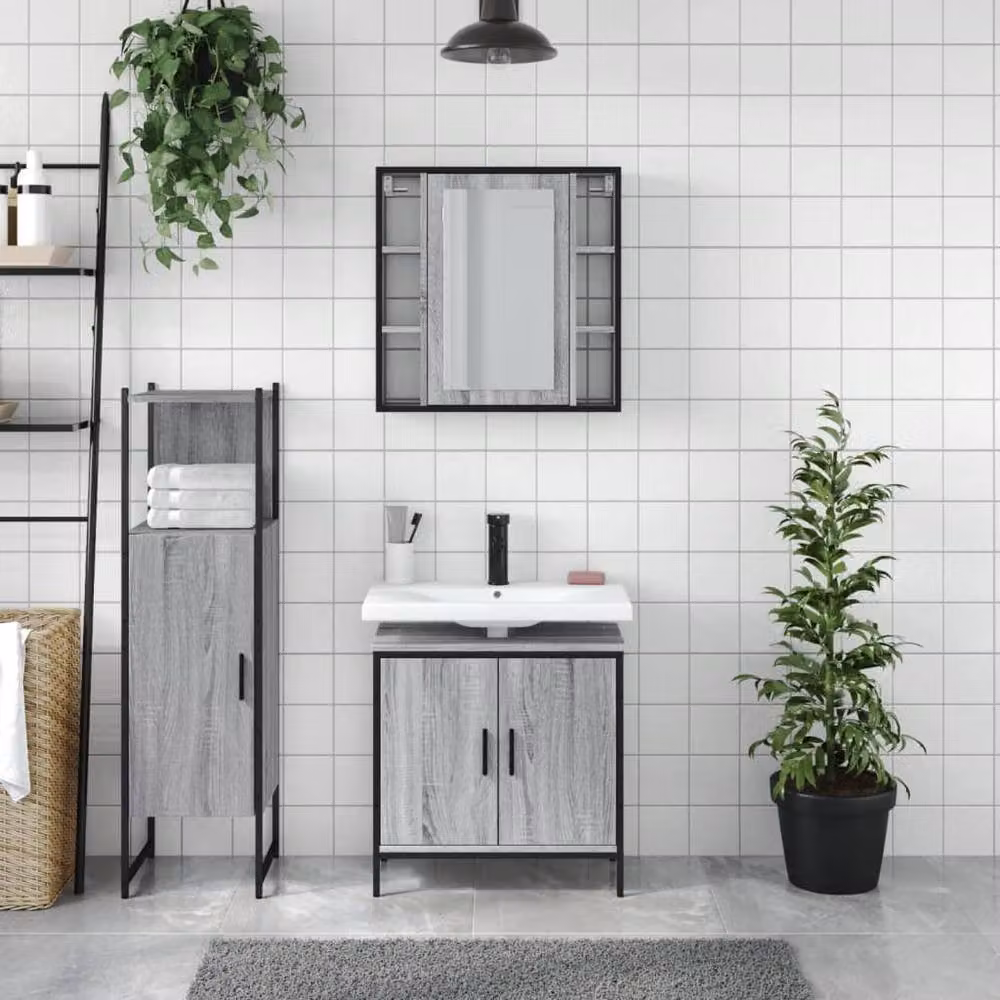 Berkfield Home 3 Piece Grey Bathroom Cabinet Set with Vanity Unit – 2