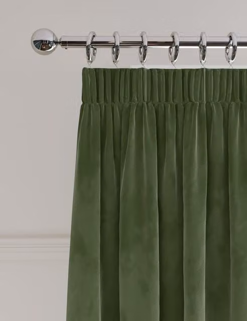 M&S Green Velvet Opaque Pencil Pleat Thermal Insulating Curtains