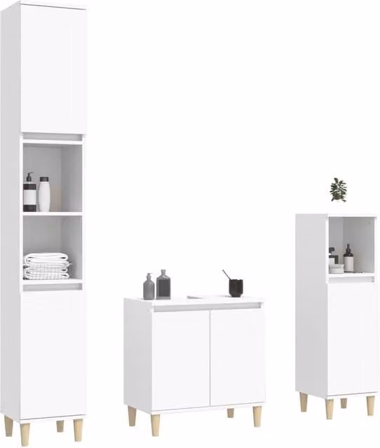Berkfield Home Modern 3 Piece White MDF Bathroom Furniture Set with Vanity Unit, Tall Cabinet and Side Cabinet