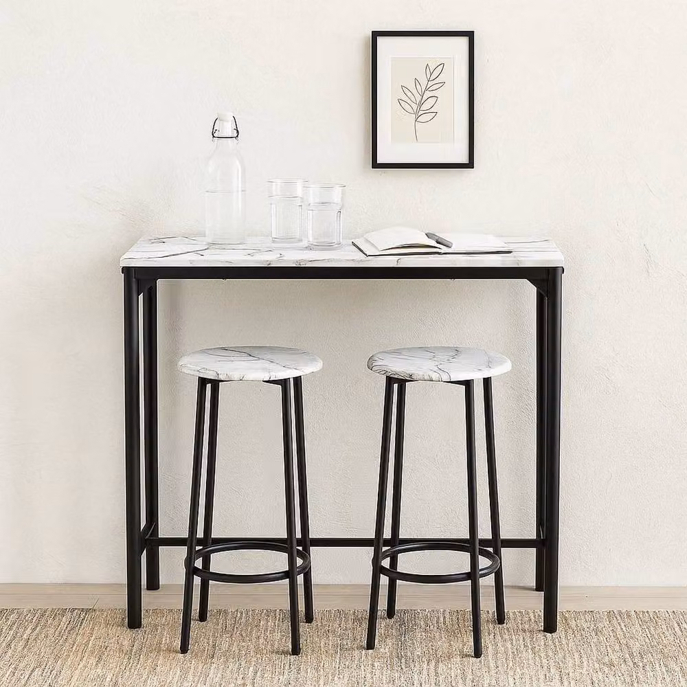 PAWNORA 3 Piece Modern Bar Table and Stools Set with White Marble Top – 3