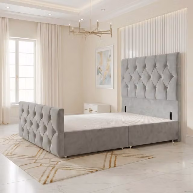 Somnior Beds Ltd Chesterfield Velvet Divan Bed Base with Drawers and Floor Standing Headboard and Footboard, Silver/Grey, W/D/H: 120 x 200 x 115 cm