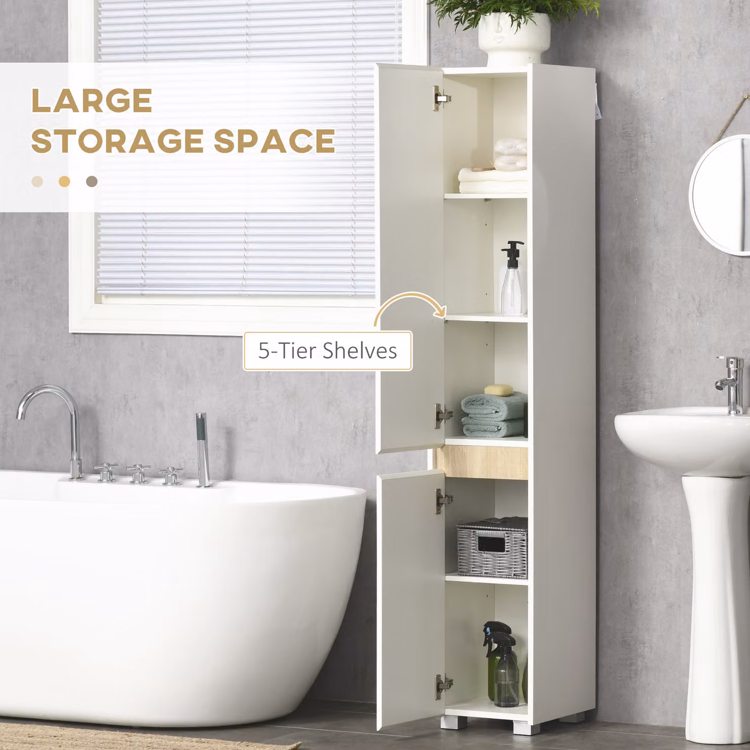 kleankin Tall White Bathroom Cabinet with Adjustable Internal Shelves and Hinged Doors, H 165.0 x W 30.0 x D 21.4 cm – 2